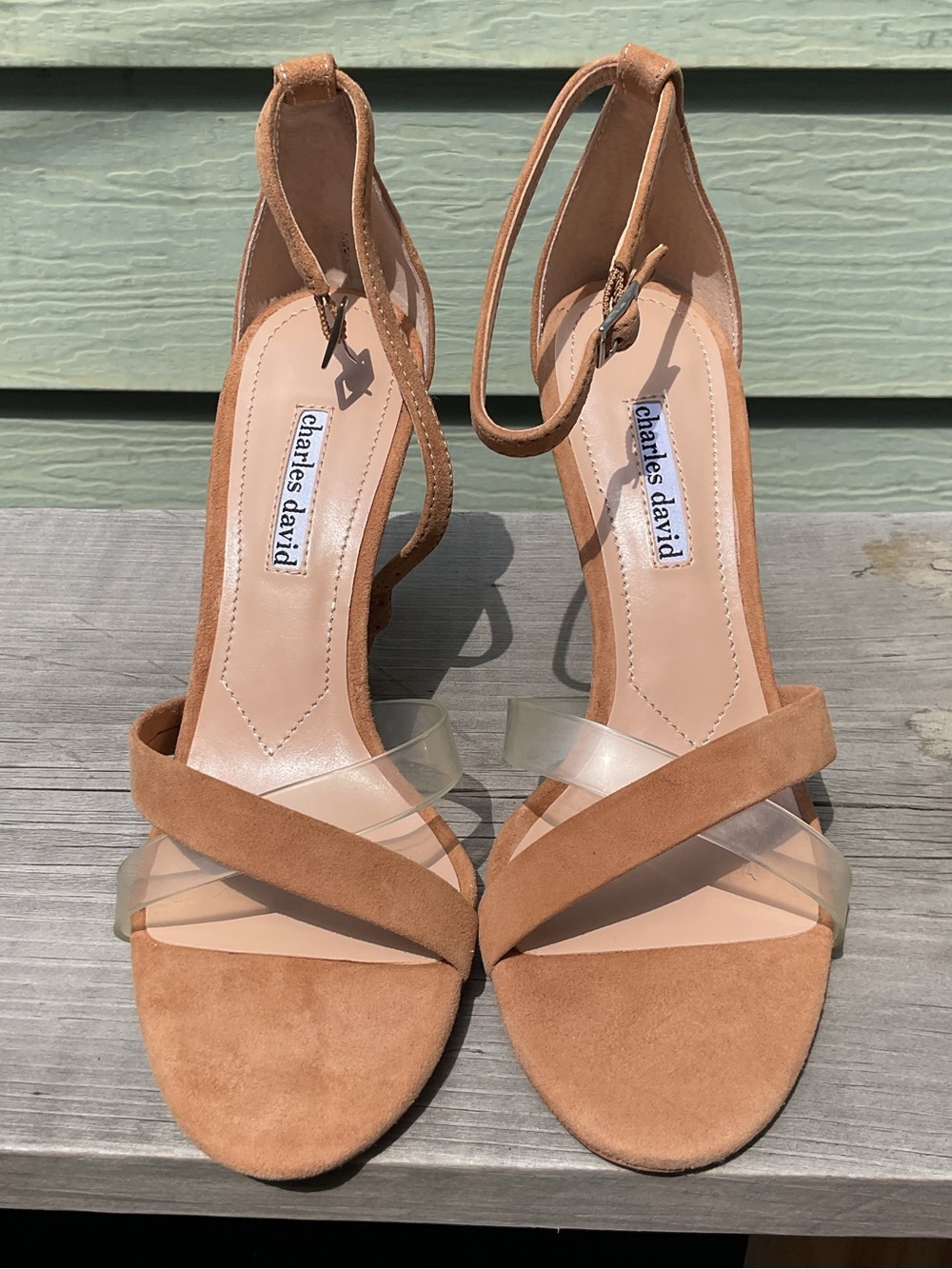 Charles David Tan Suede Clear-Strap Open-Toe Heels